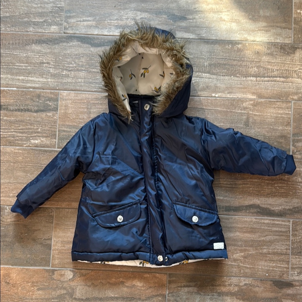 7 for all mankind Navy Hooded Jacket with Faux Fur Trim unisex 24 months